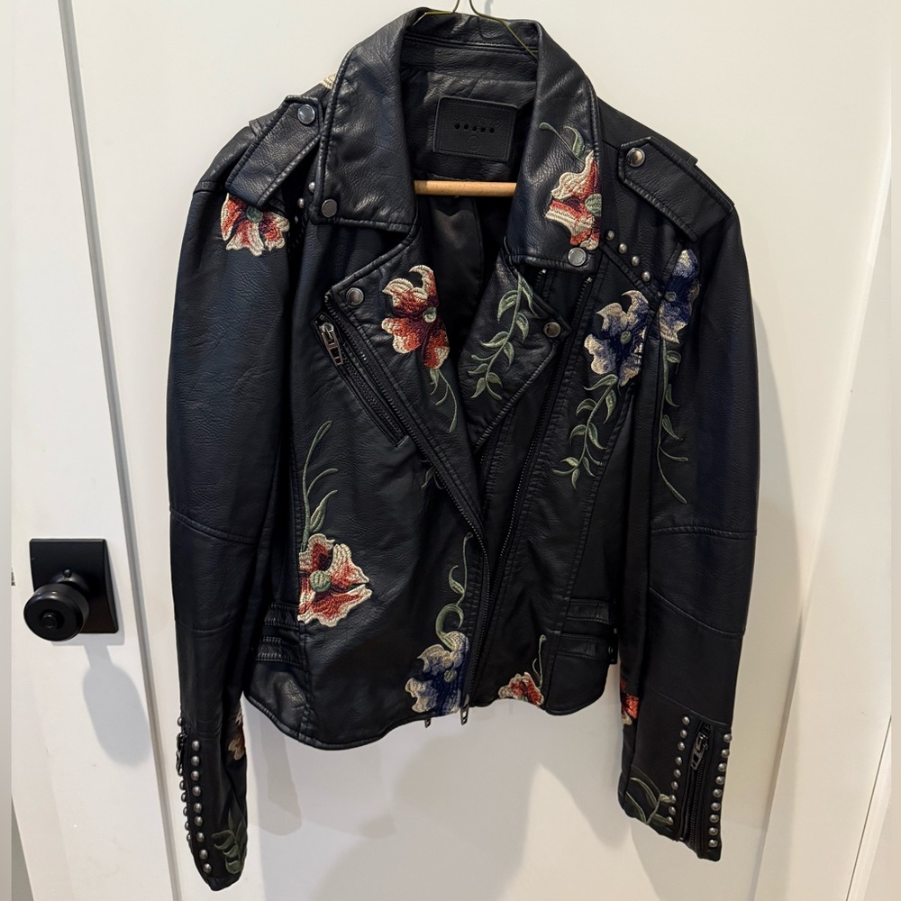 BLANK NYC Vegan Leather Moto Jacket, studded + floral embroidery